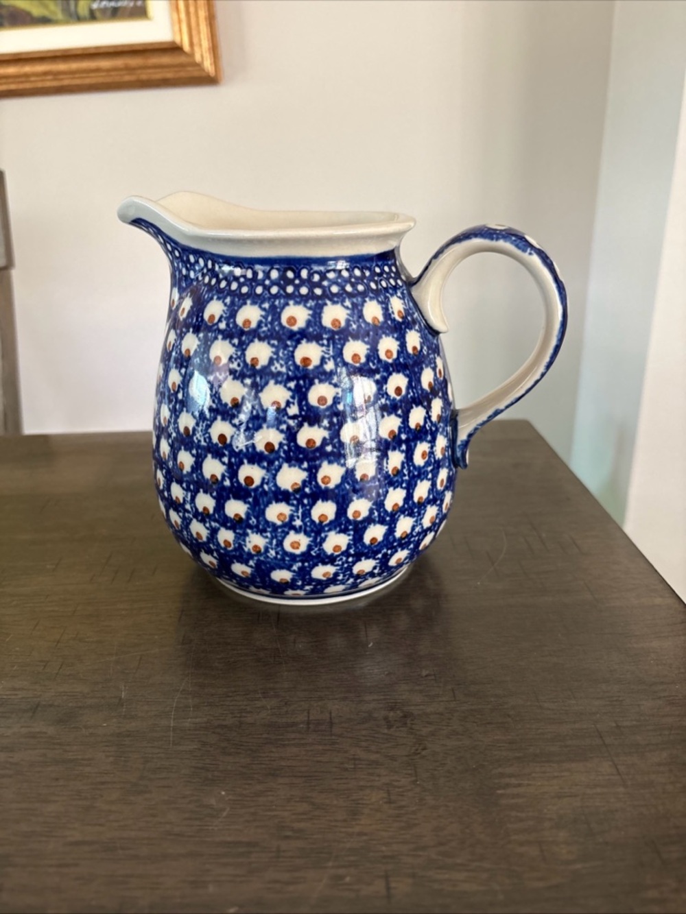 Boleslawiec Polish Pottery 7 Inch Pitcher Grecian Dot Pattern Blue Brown White